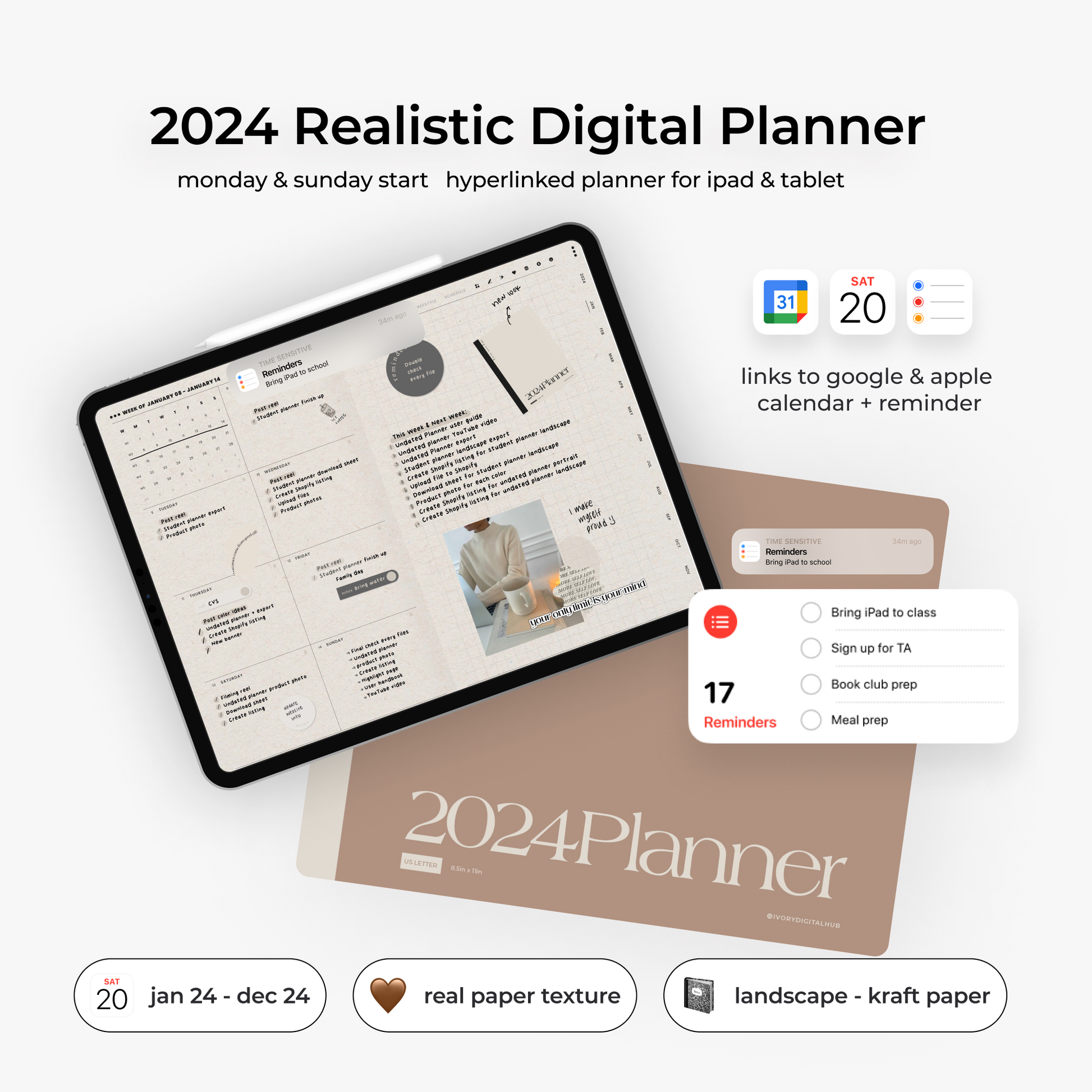 23/24 Realistic Mid Year Digital Planner - Kraft Paper