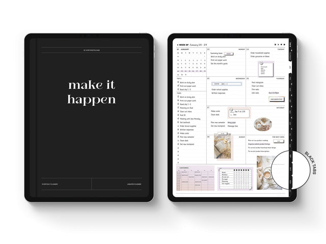 Undated Portrait Digital Planner - Black Tabs